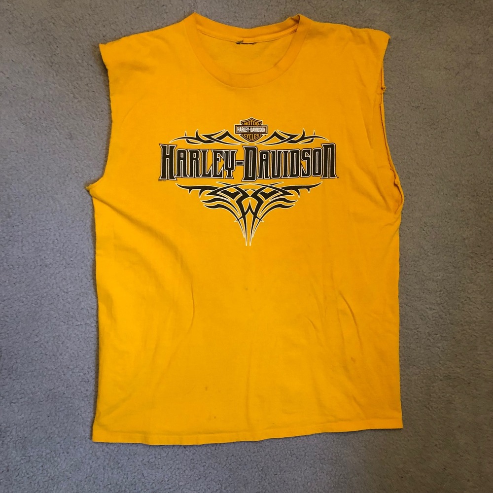 Vtg 2000s Harley Davidson Twin Cities Minneapolis MN Cut-Off T-Shirt Yellow XL